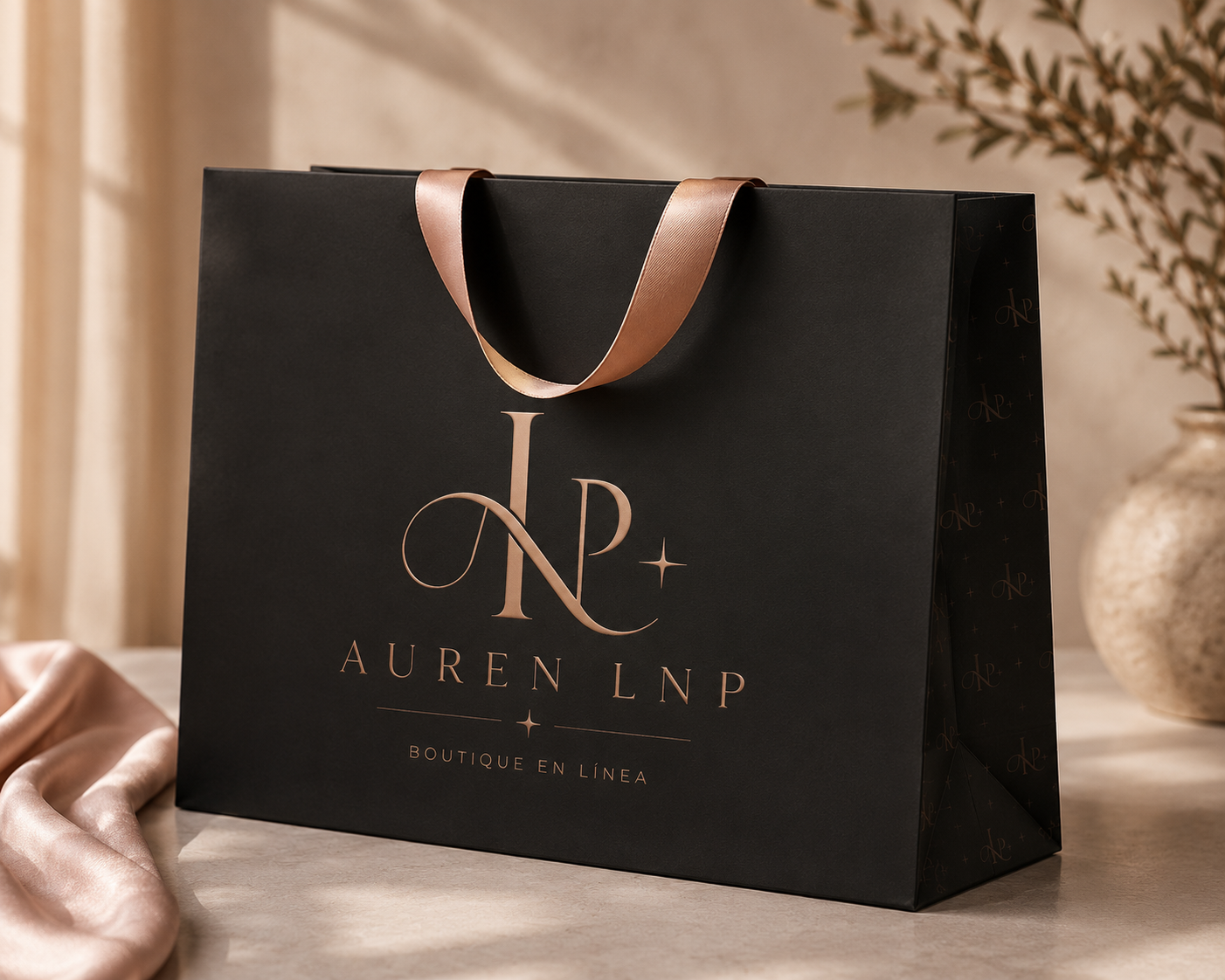 Auren LNP — Bolsa de boutique elegante en negro con monograma dorado